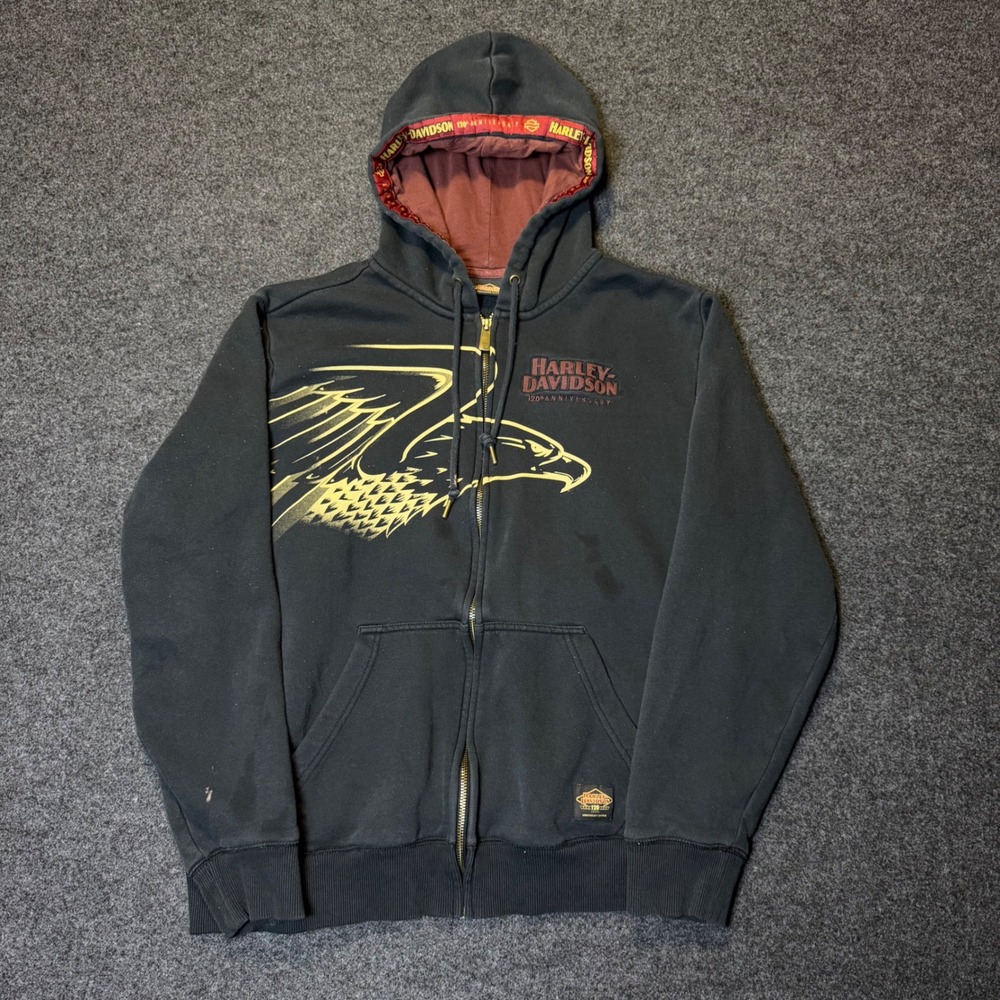 Harley Davidson Hoodie Mens M Black 120th Anniversary Eagle Zip Up Sweatshirt